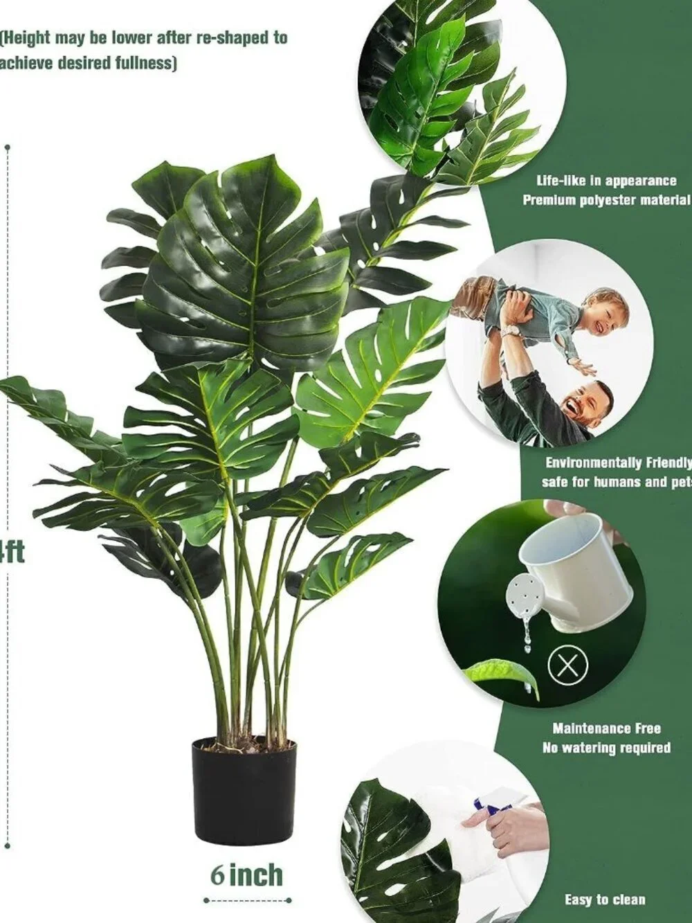 Artificial Monstera Plant 4FT Fake Swiss Cheese Potted Faux Tropical Floor Plant